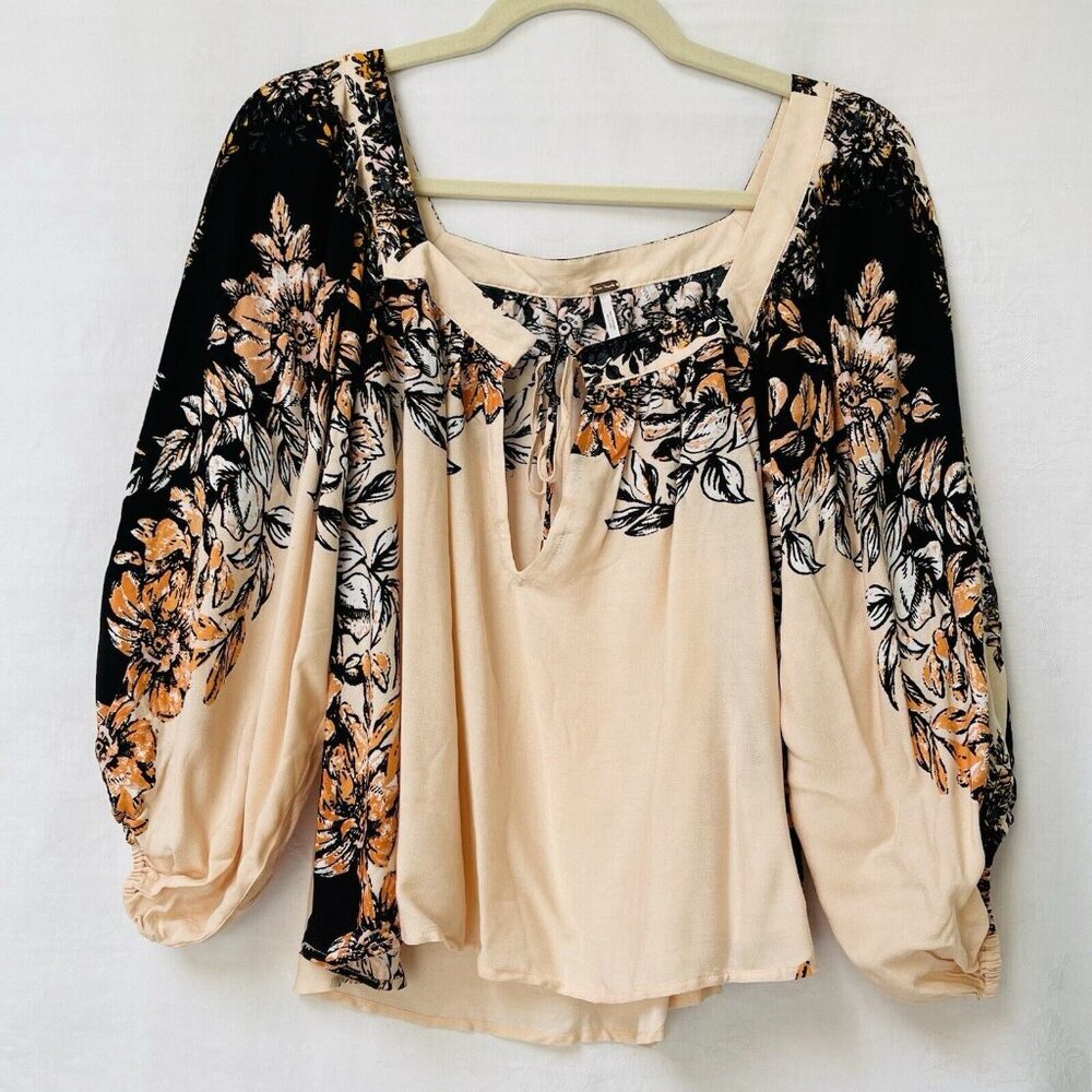 Free People Floral Blouse Womens Small Boho Square Neck Puff Sleeves Fairy